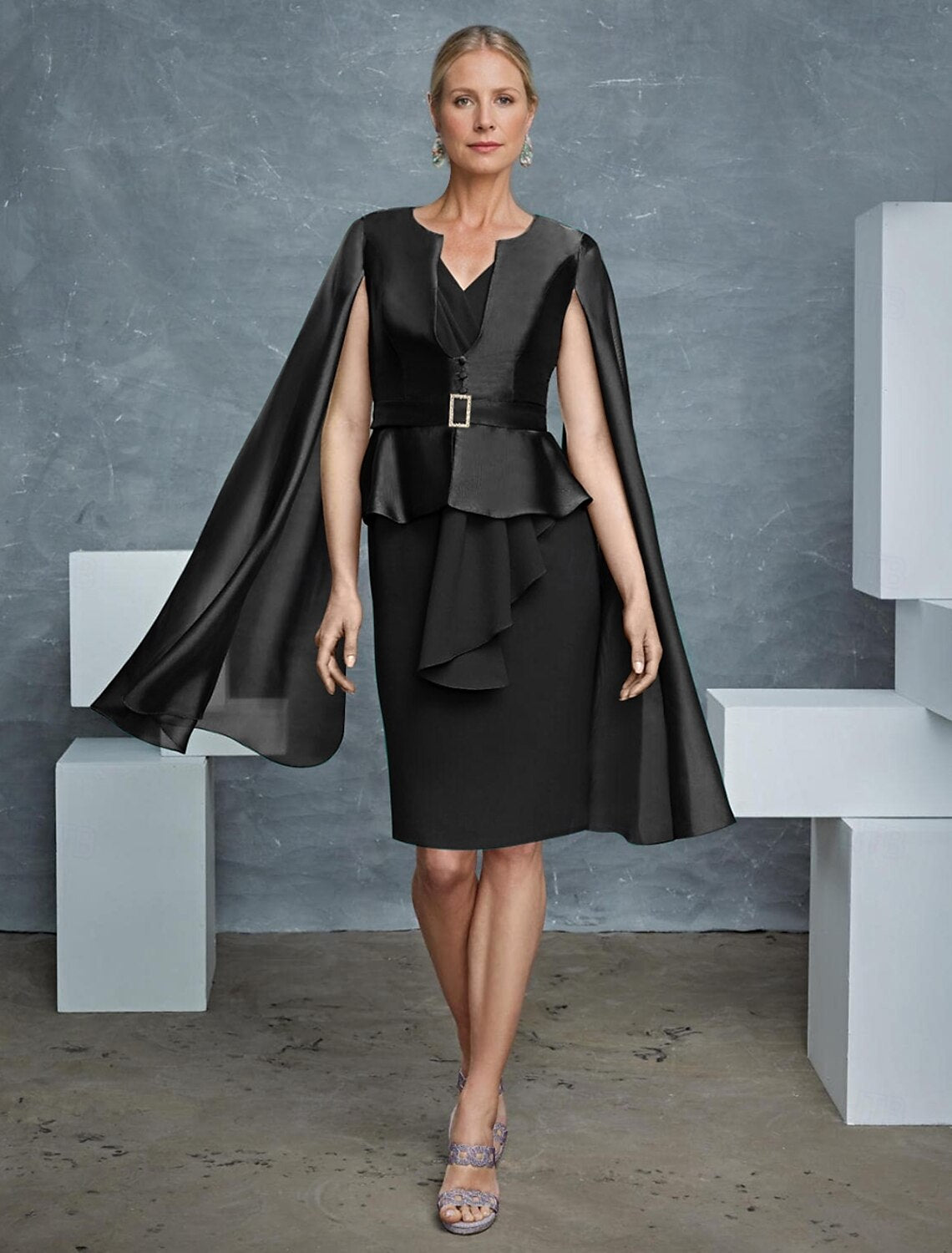 Two Piece Sheath / Column Dress Sets Mother of the Bride Dress Elegant Vintage Wrap Included V Neck Knee Length Chiffon Satin Long Sleeve with Sash / Ribbon Derby Dress Race Day Dress