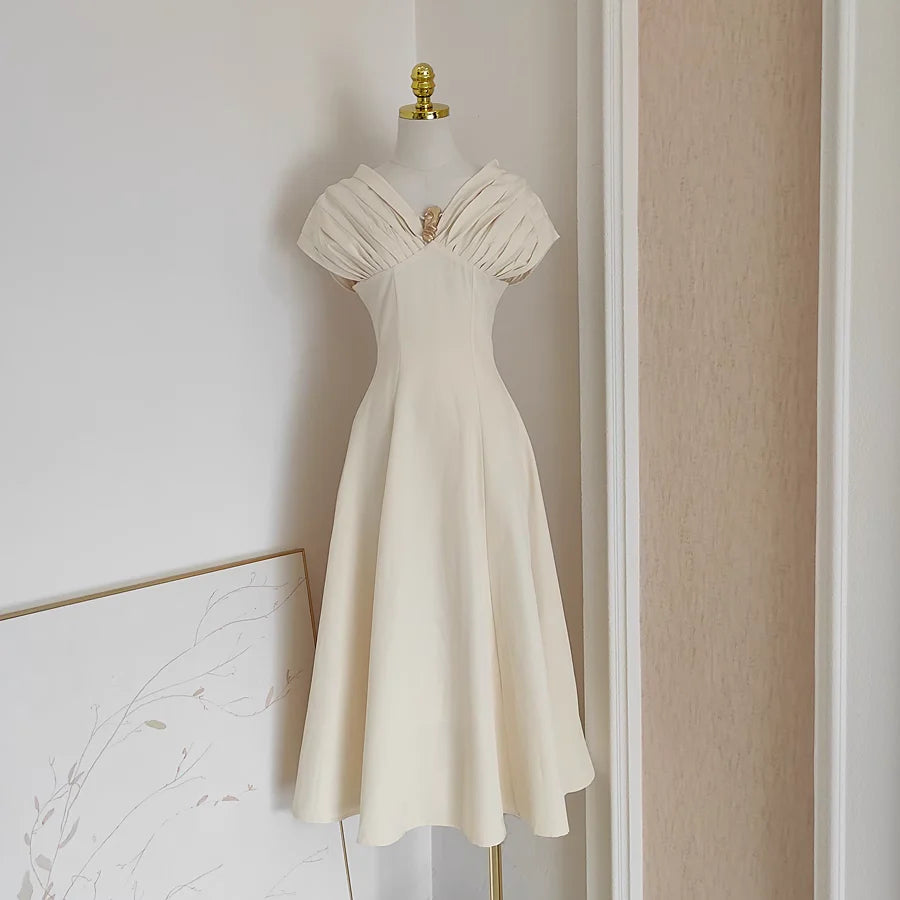 Sexy A Line V neckline Satin Dinner Party Dresses Ivory Unique design Prom Outfits