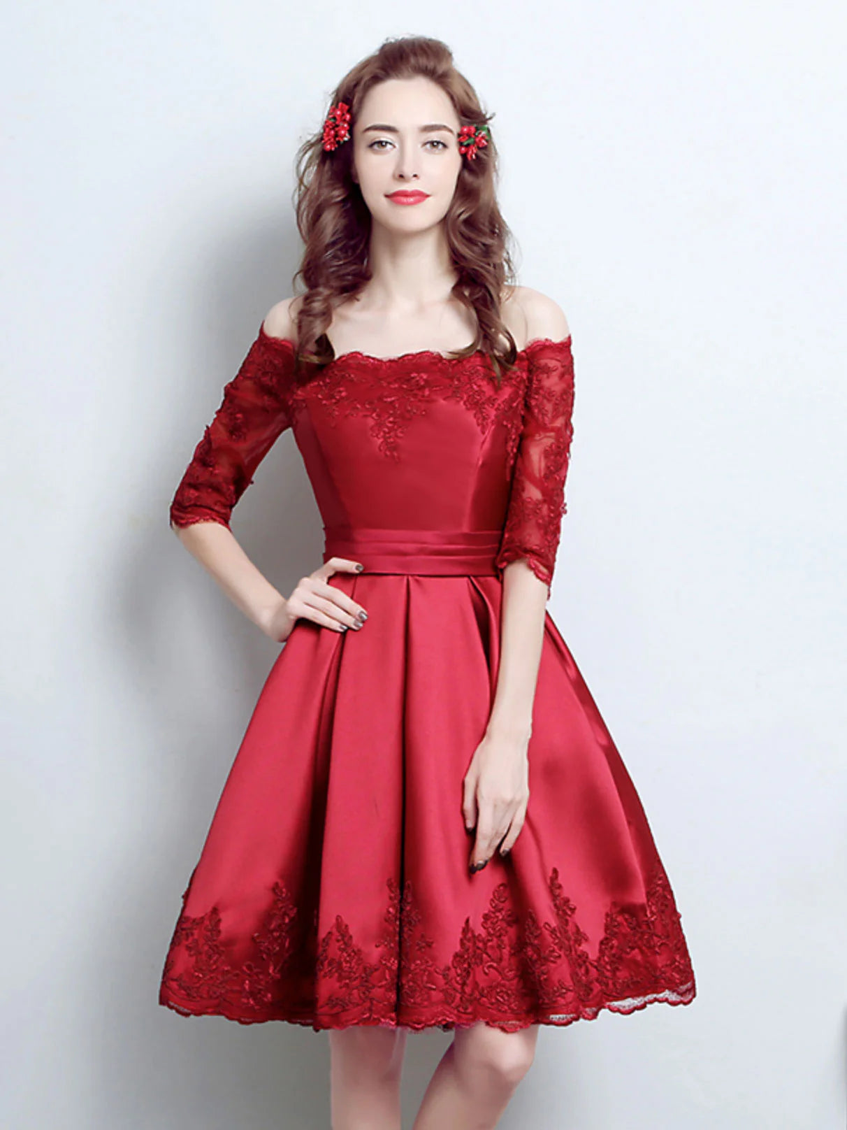 Burgundy Lace Satin Short Prom Dress, Classic fit Bridesmaid Dress