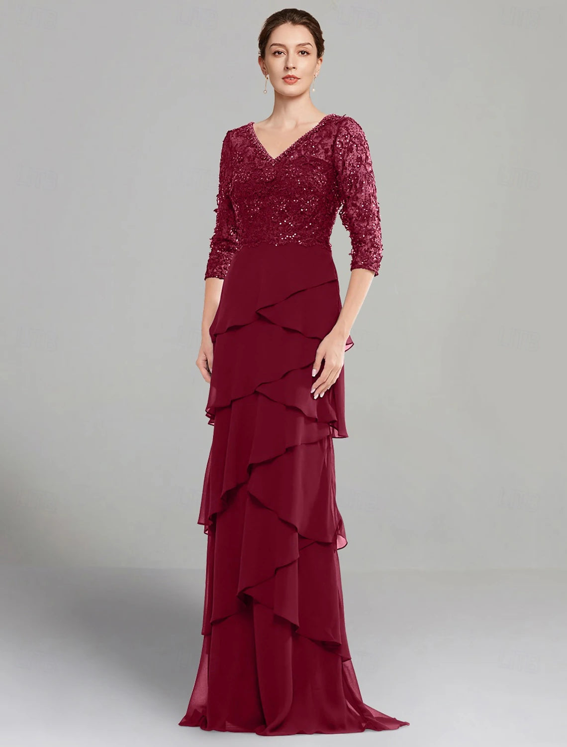 Sheath Dress Mother of the Bride Dress Elegant V Neck Floor Length Stretch Chiffon Half Sleeve with Lace Tier Solid Color