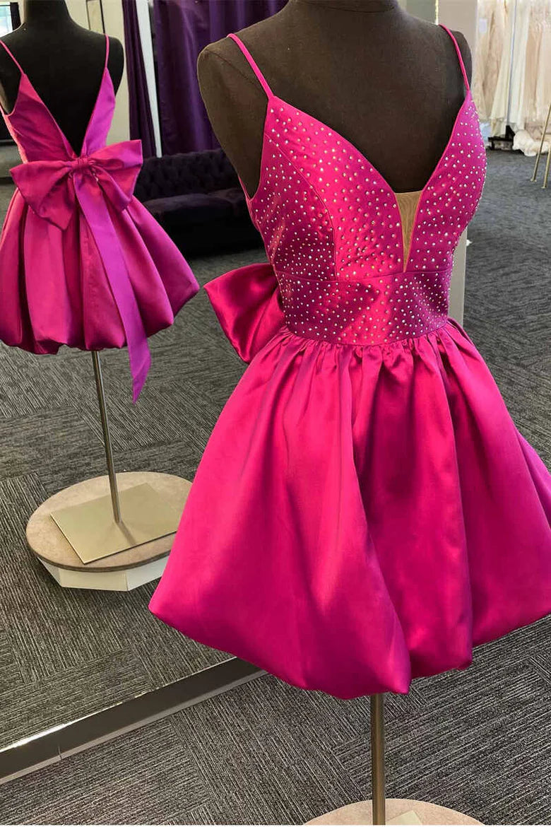 Magenta Mini Beaded V-Neck Bow Back A-Line Pleated Short Homecoming Dress