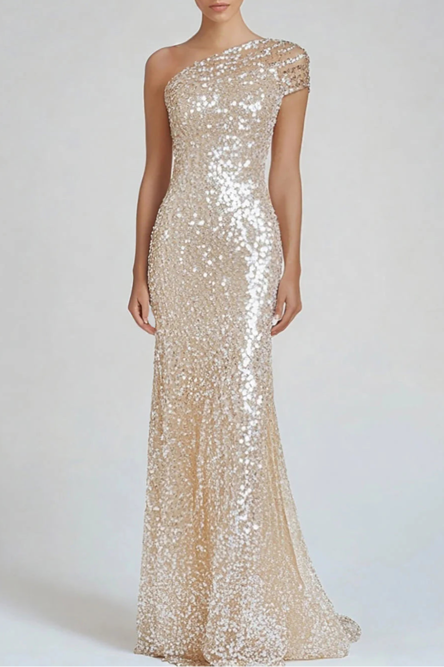 Sparkly Champagne Mermaid One Shoulder Slim-fit Formal Dress With Sequins