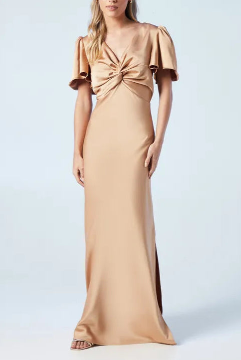 Petite Twist Elegant and gentle Front Angel Sleeve Maxi Bridesmaids Dress