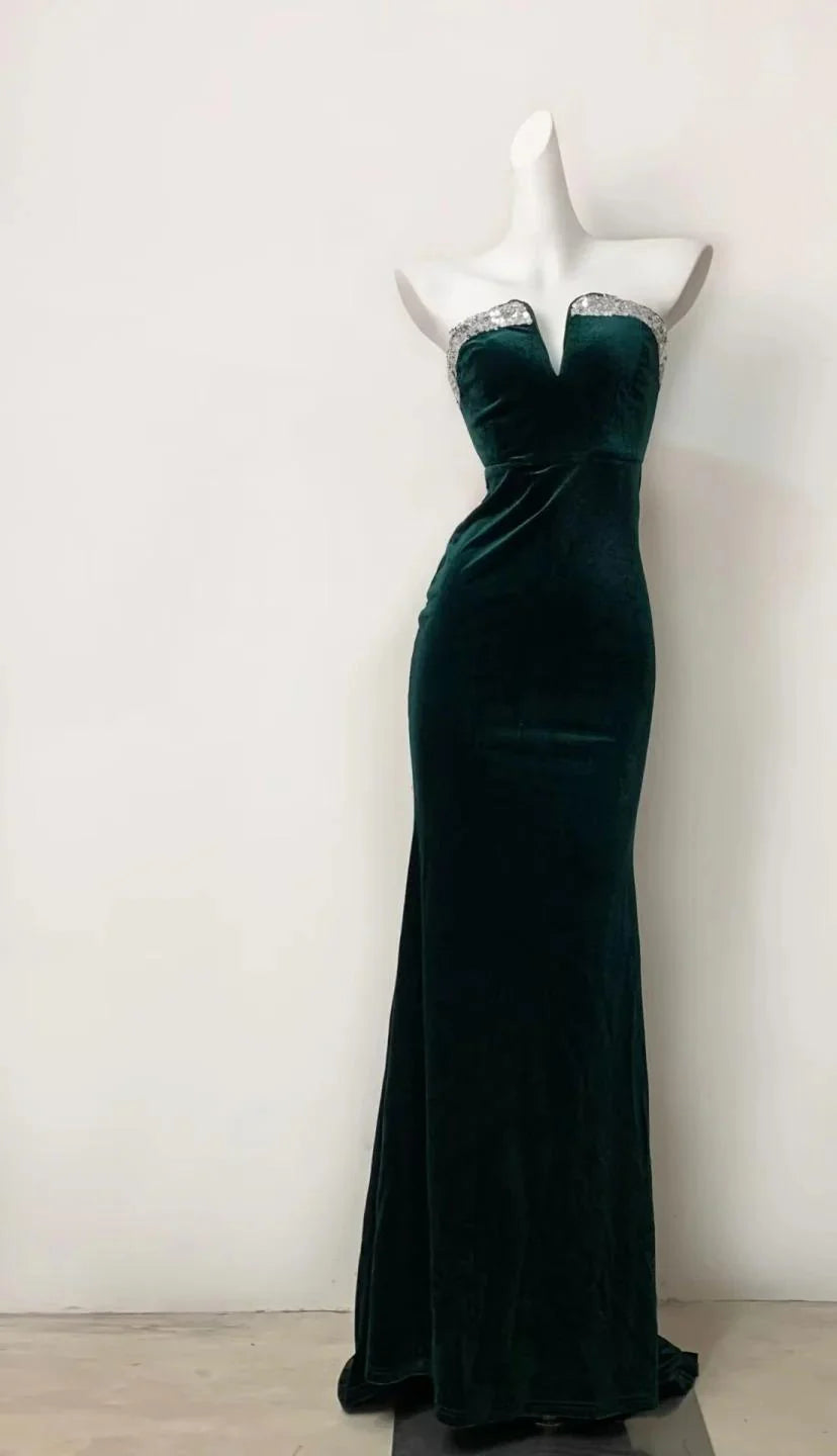 Elegant Unique design Dark Green Strapless Mermaid Velvet Long Evening Dress