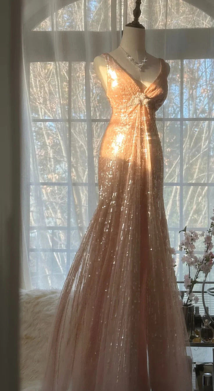 A Line V Neck Beaded Sequin Prom Dress Champagne Shiny Evening Dress