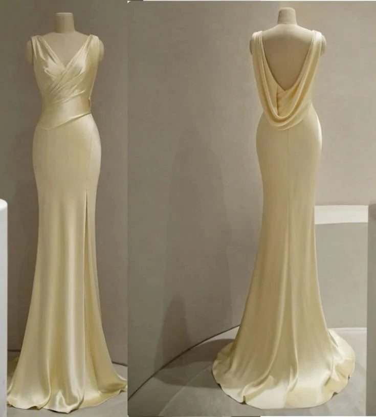Pastel Yellow Satin Backless Mermaid Long Prom Dress