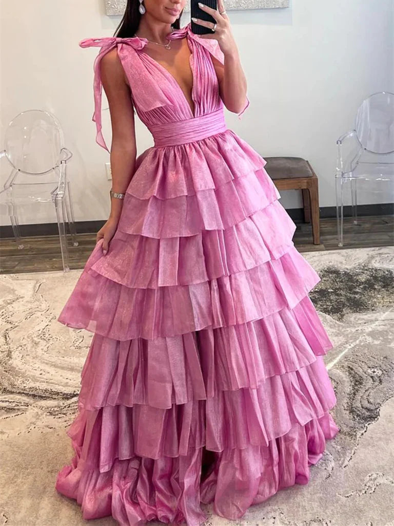 Beautiful Backless Pink Tulle Open Back V Neck Long Formal Evening Dresses