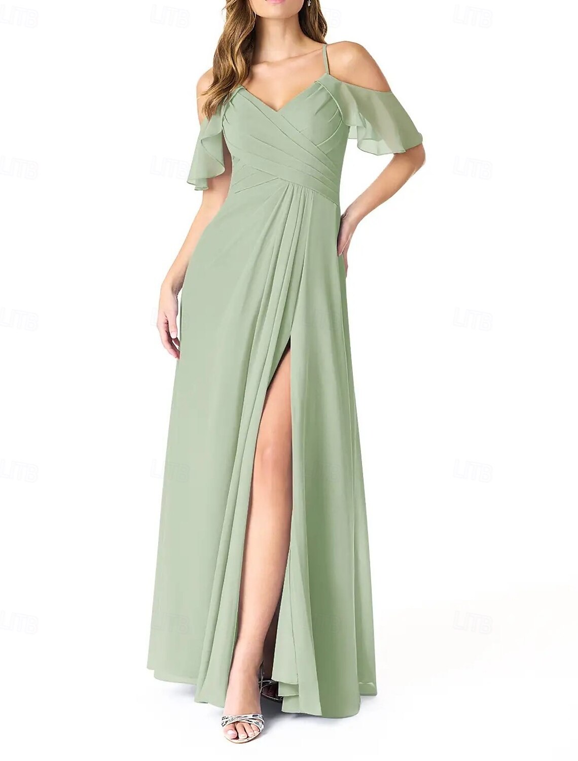 A-Line Spaghetti Strap Bridesmaid Dress Sleeveless Elegant Floor Length Chiffon with Pleats