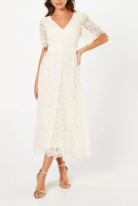 Lace Angel Sleeve Retract Your Waist Midi Mother Of The Bride Outfits Dress