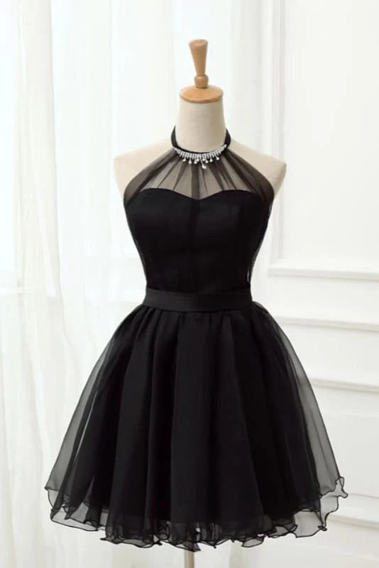 Cute Little Black Short Prom Dresses Halter Sleeveless Tulle Homecoming Dresses