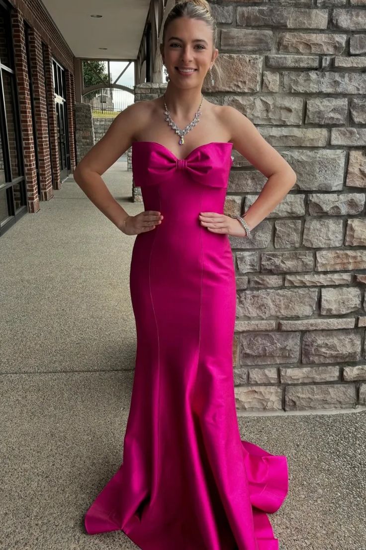 Hot Pink Bow Satin Long Prom Dress Mermaid Strapless Evening Dress