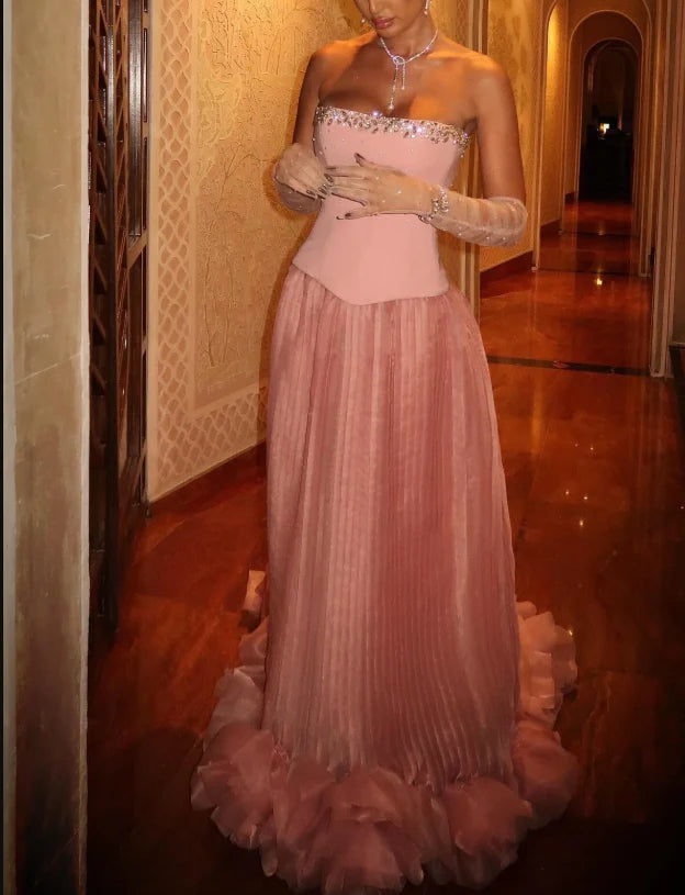Strapless A-Line Tulle Long Prom Dresses Formal Elegant Pink Evening Gowns