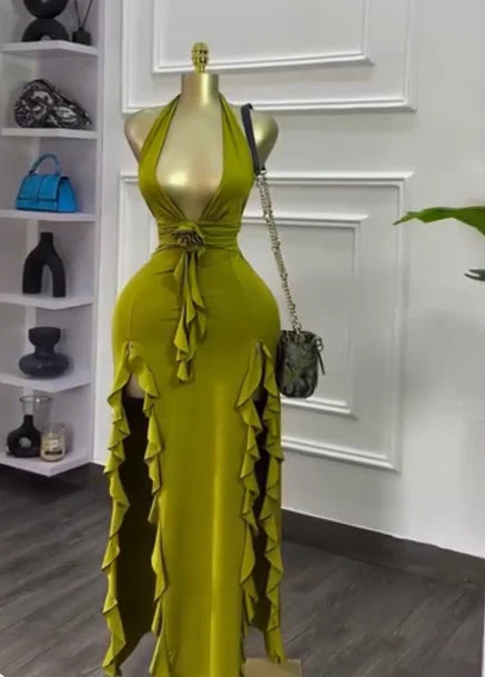 Green Deep V Neck Bodycon Party Dress Sexy Glam Olive Satin Slit Evening Gowns
