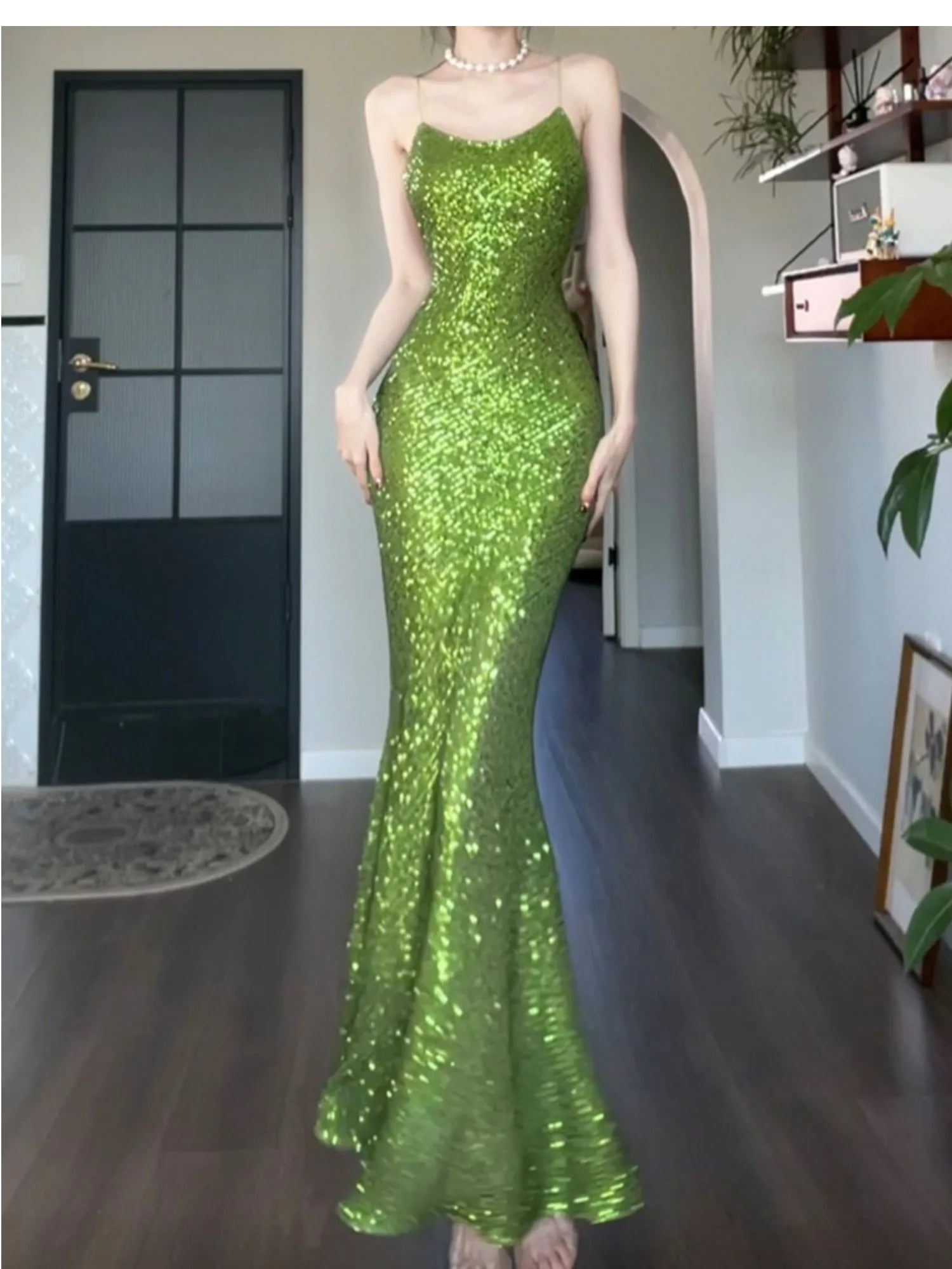 Sheath Spaghetti Strap Sequined Prom Dress Vintage Green Birthday Dress
