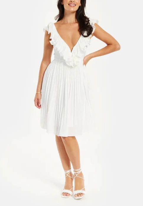 Pleated Frill Detail V Neck Retract Your Waist Bridesmaids Midi Dress In White