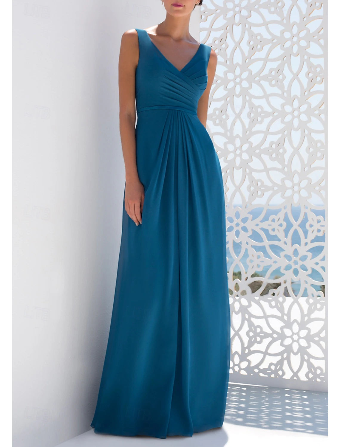 A-Line Elegant Floor Length Bridesmaid Dress V Neck Long Sleeve Chiffon with Ruching