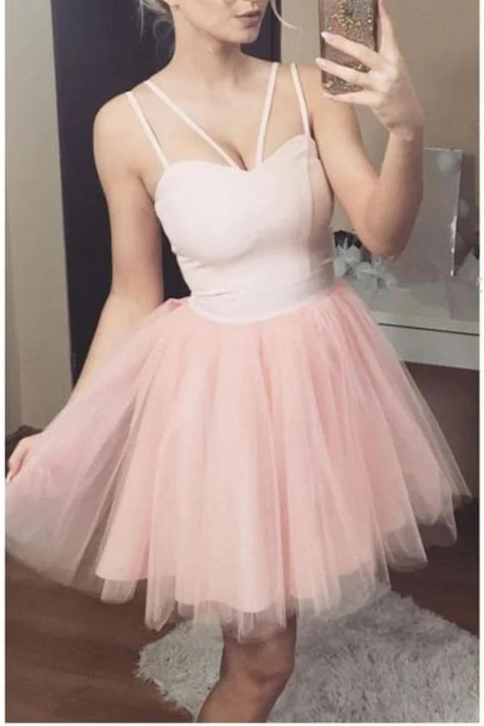 Unique design Cute Short Tulle Prom Dress A Line Sexy Straps Pink Homecoming