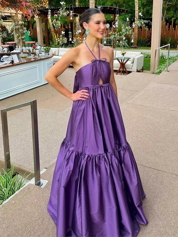 Sexy Long Party Dress Purple Sleeveless Prom Dress Halter Evening Dress