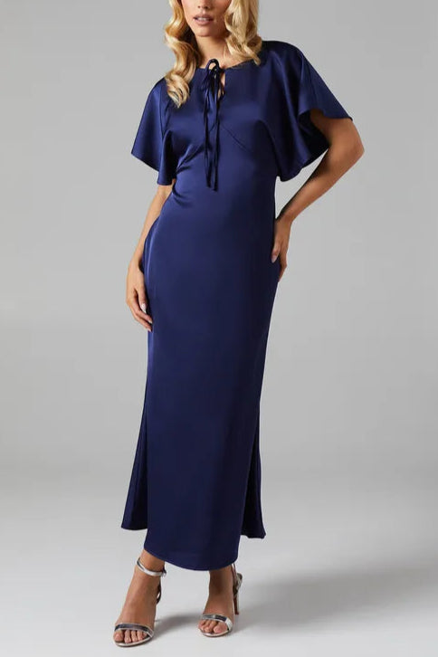 Petite Cape Sleeve Retract Your Waist Satin Bridesmaids Midi Dress
