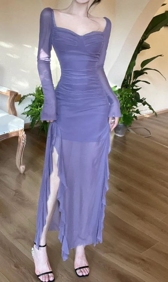 Square Neck Chiffon Long Sleeve Bodycon Enchanted Purple Party Dresses