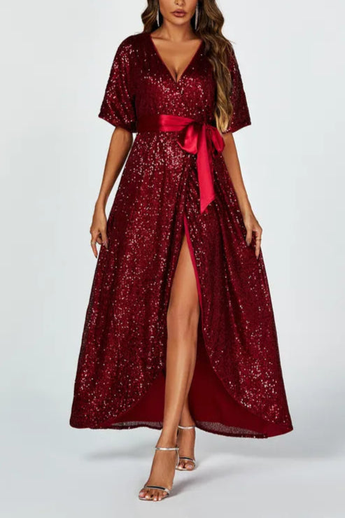 Wrap Style Sequin Maxi Mother Of The Bride Outfits Dress In Wine