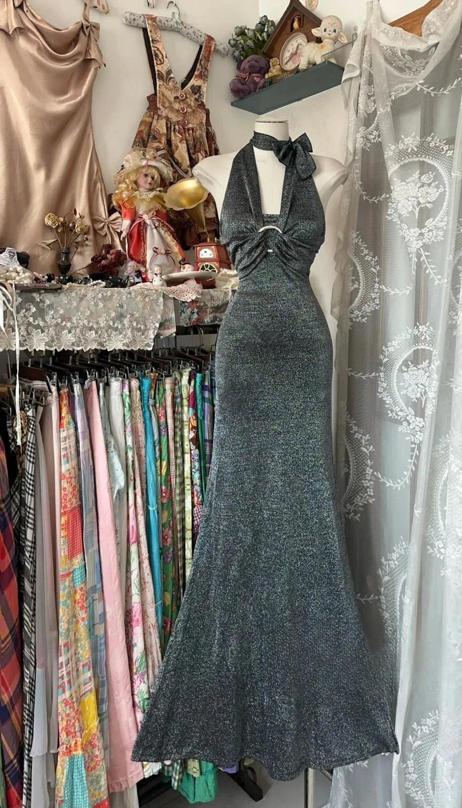 Black Grey Sheath Backless Long Party Dress Modern Halter Cocktail Dress