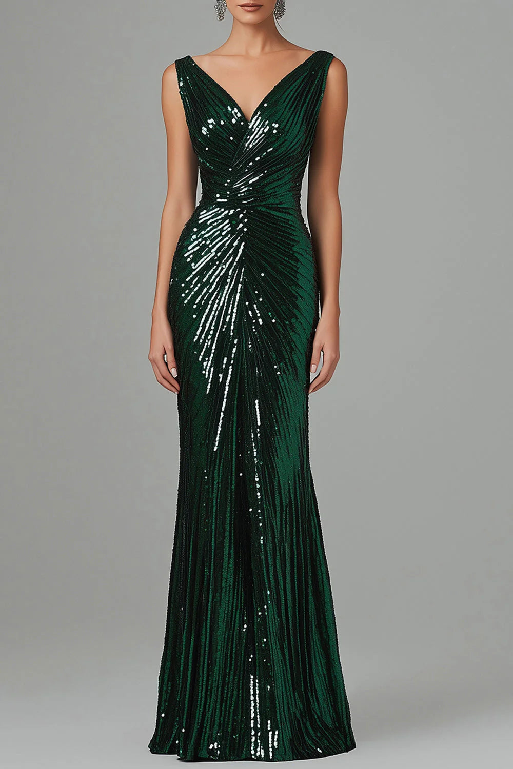 Dark Green Mermaid V-Neck Sequins Pleated Unique design Formal Prom Dress