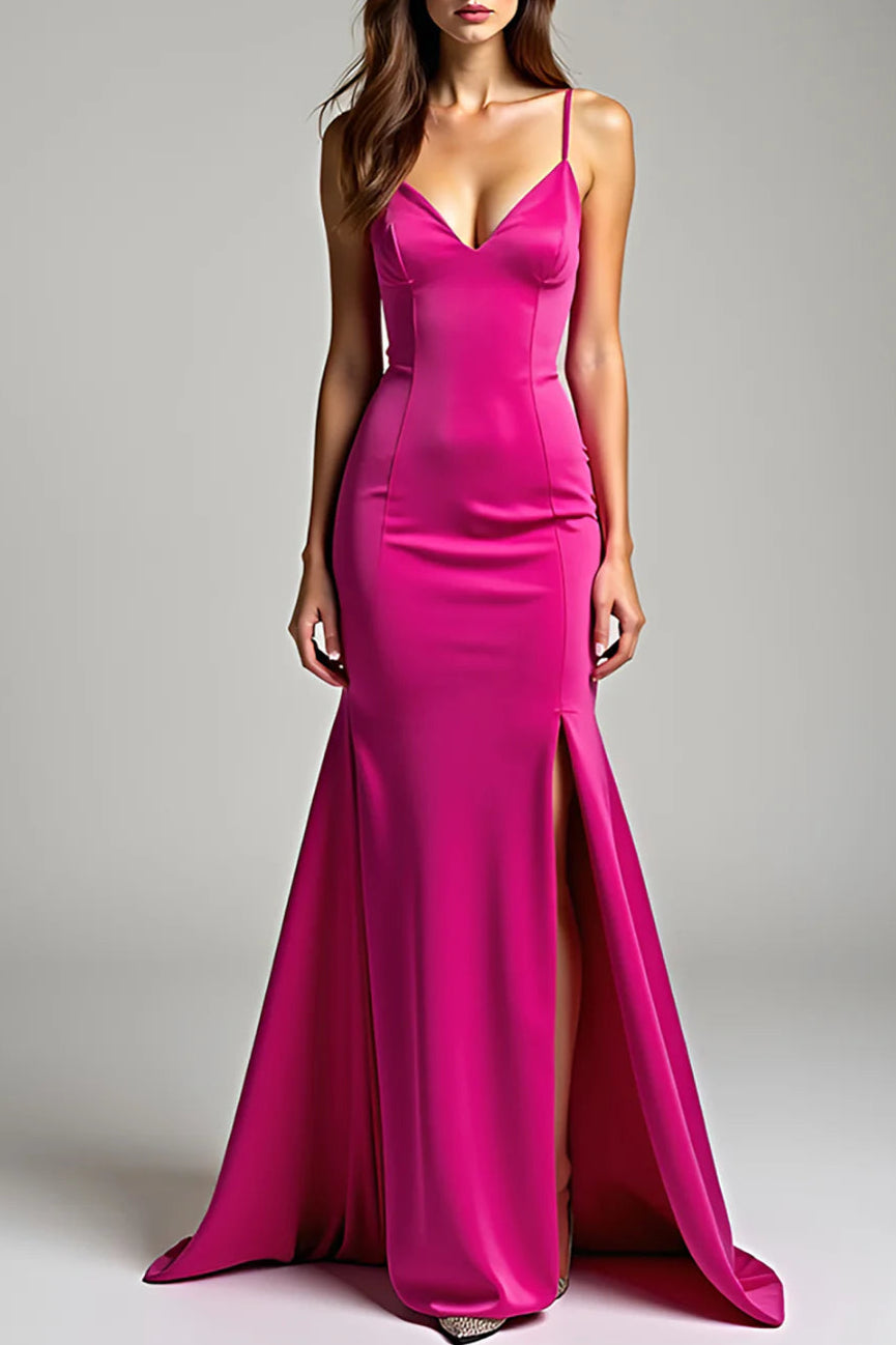 Full of charm Satin Fuchsia Sheath Exquisite tailoring Long Prom Dress With Slit