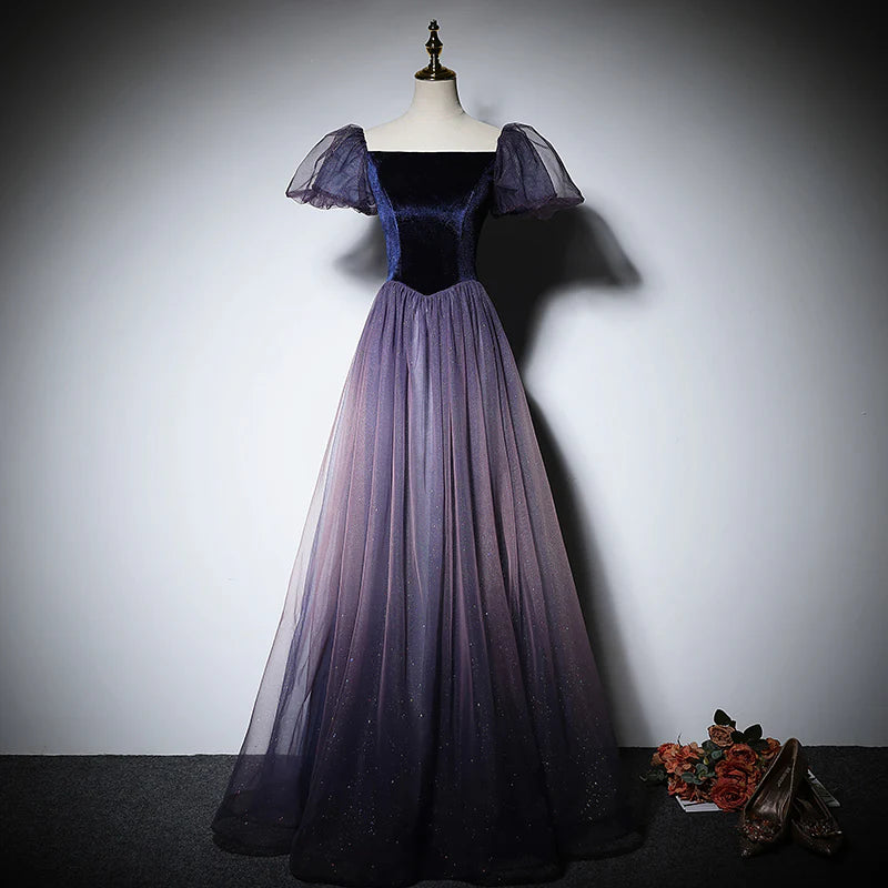 Starry sky colored back strap Tulle Short Sleeve A-line bridesmaid dress