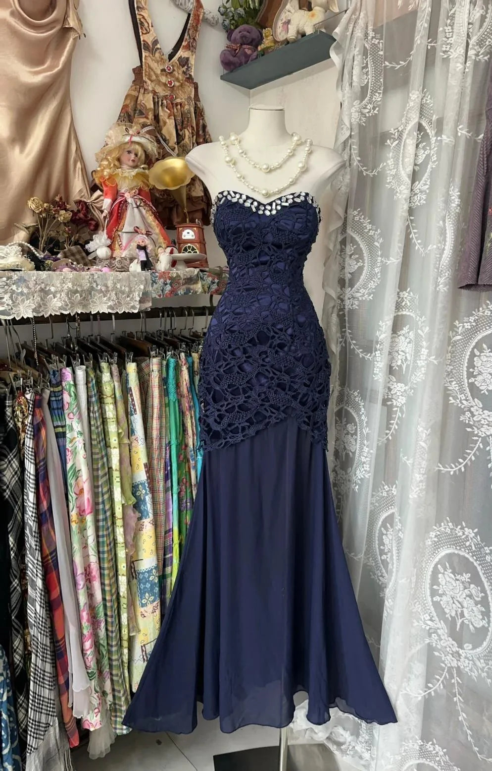 Elegant Navy Mermaid Prom Dress Backless Strapless Chiffon Birthday Evening Dress
