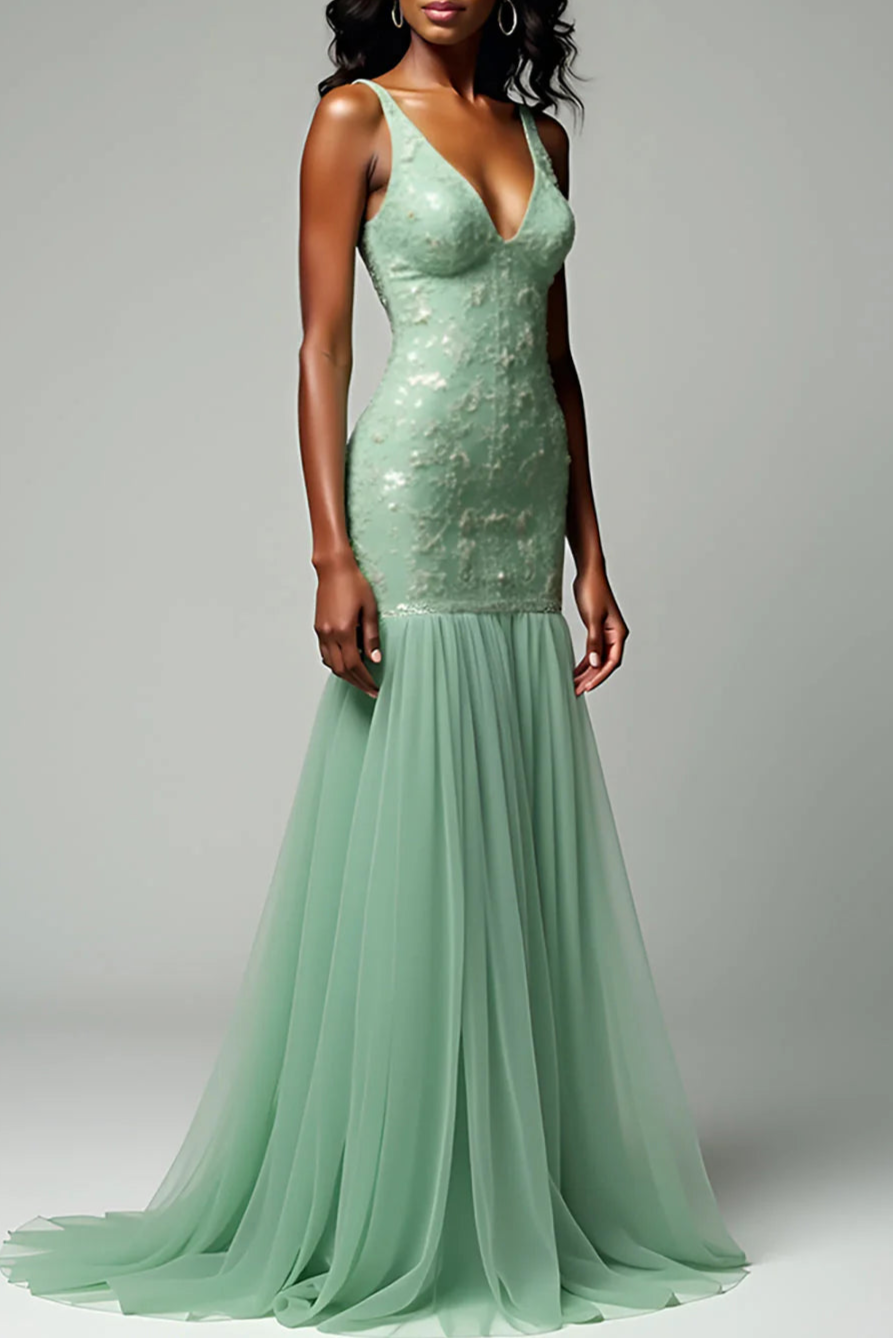 Mermaid Dusty Sage Top-quality fabric Tulle Backless Unique design Long Prom Dress