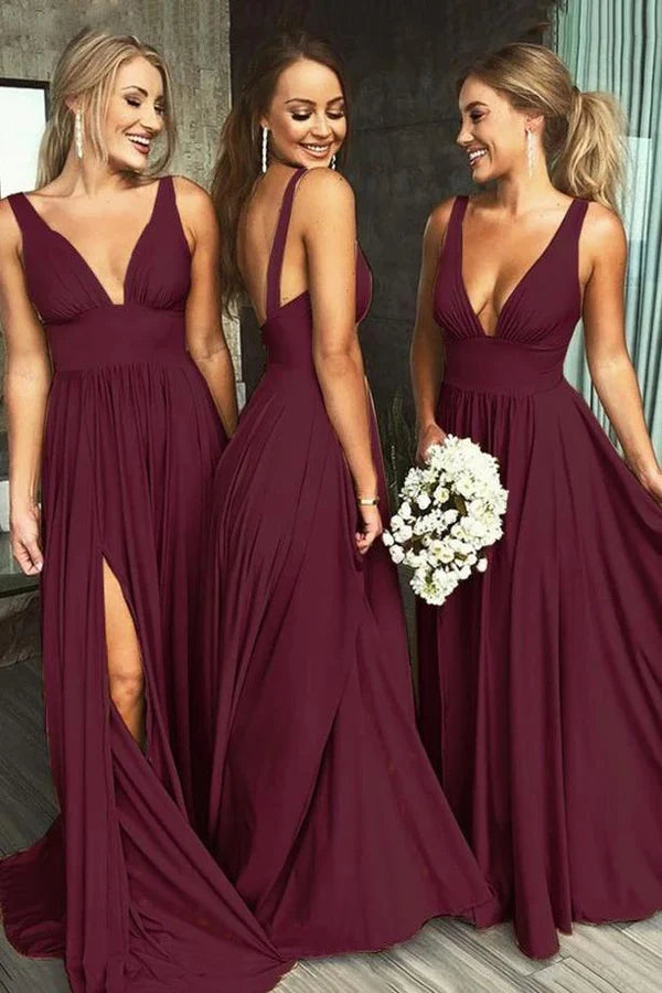 Deep V-neck Long Backless Long Maroon Bridesmaid Dresses with Split