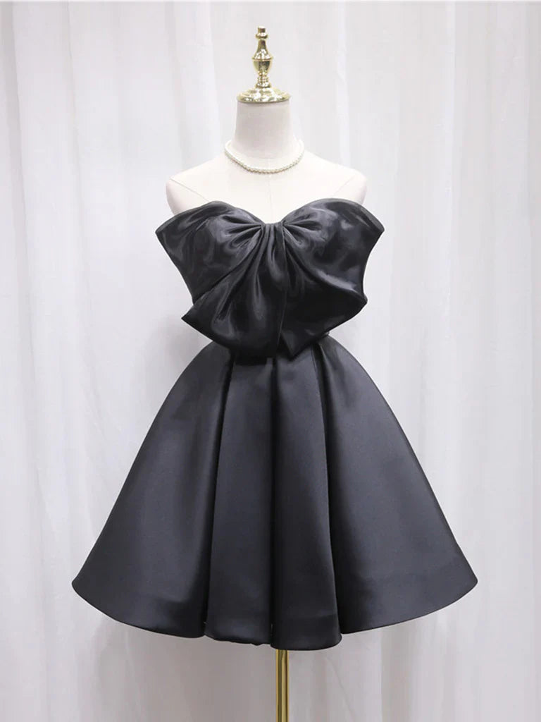 Black Tulle Satin Short Prom Dress, Retract Your Waist Homecoming Dress