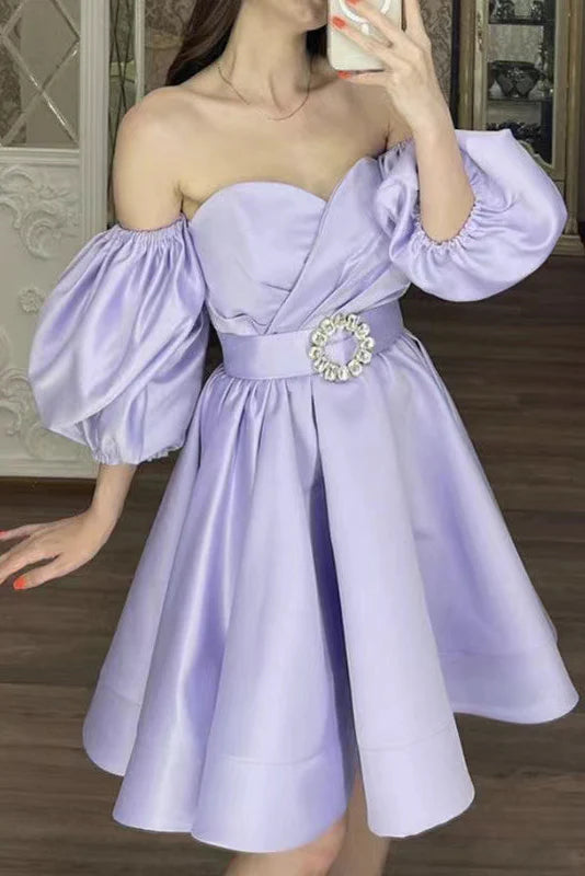 Short Prom Gowns With Belt Purple Satin Off-the-Shoulder Short Homecoming Dresses