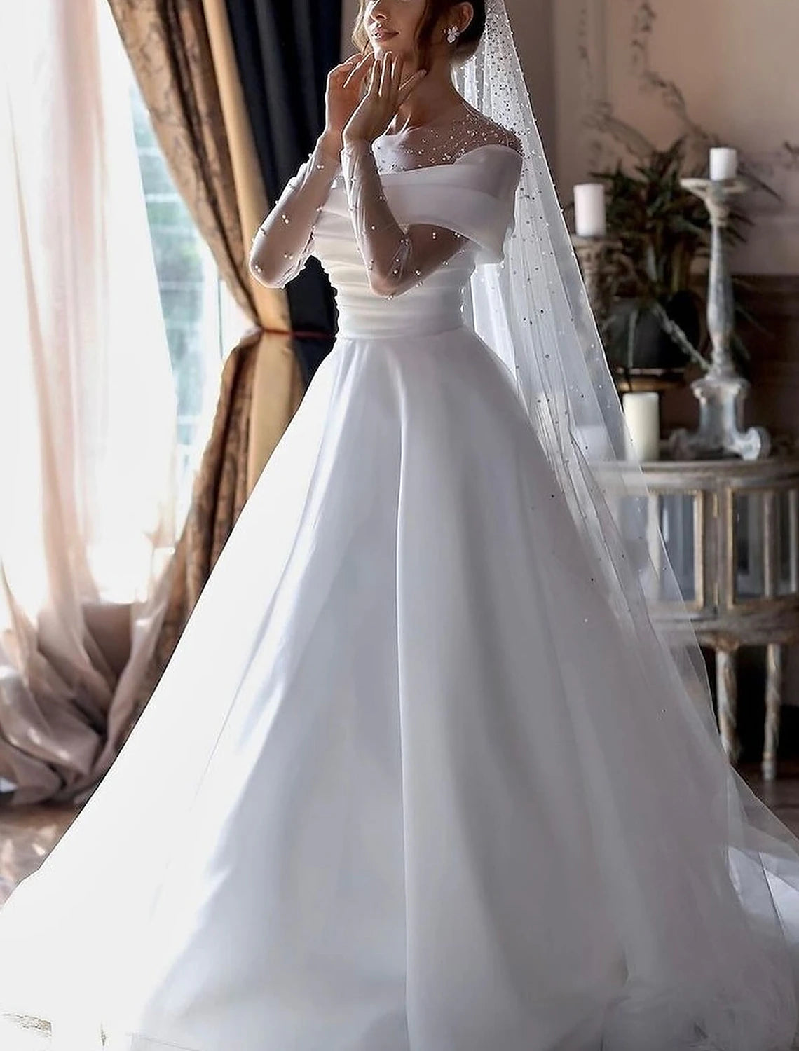 Simple  A-Line Illusion Neck Long Sleeve Wedding Dresses Formal Wedding Dresses Floor Length Tulle Bridal Gowns