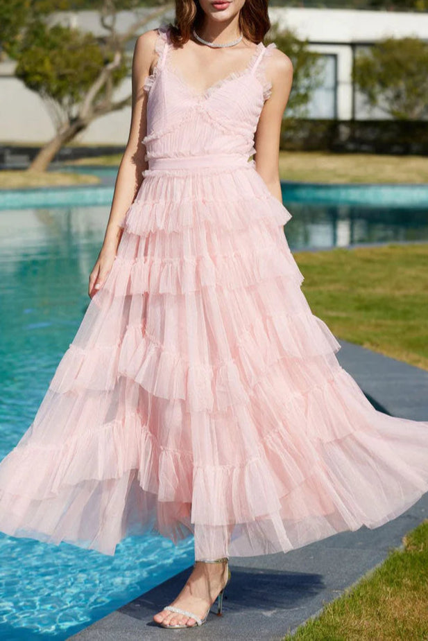 French Style Ruffle V Neck Sleeveless Spaghetti strap Tiered Tulle Maxi Party Dress