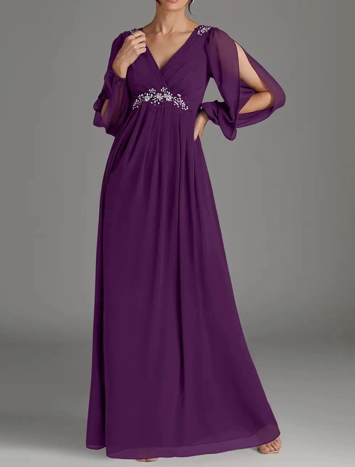 A-Line Mother of the Bride Dress Wedding Guest Elegant V Neck Floor Length Chiffon Long Sleeve with Beading Appliques Ruching