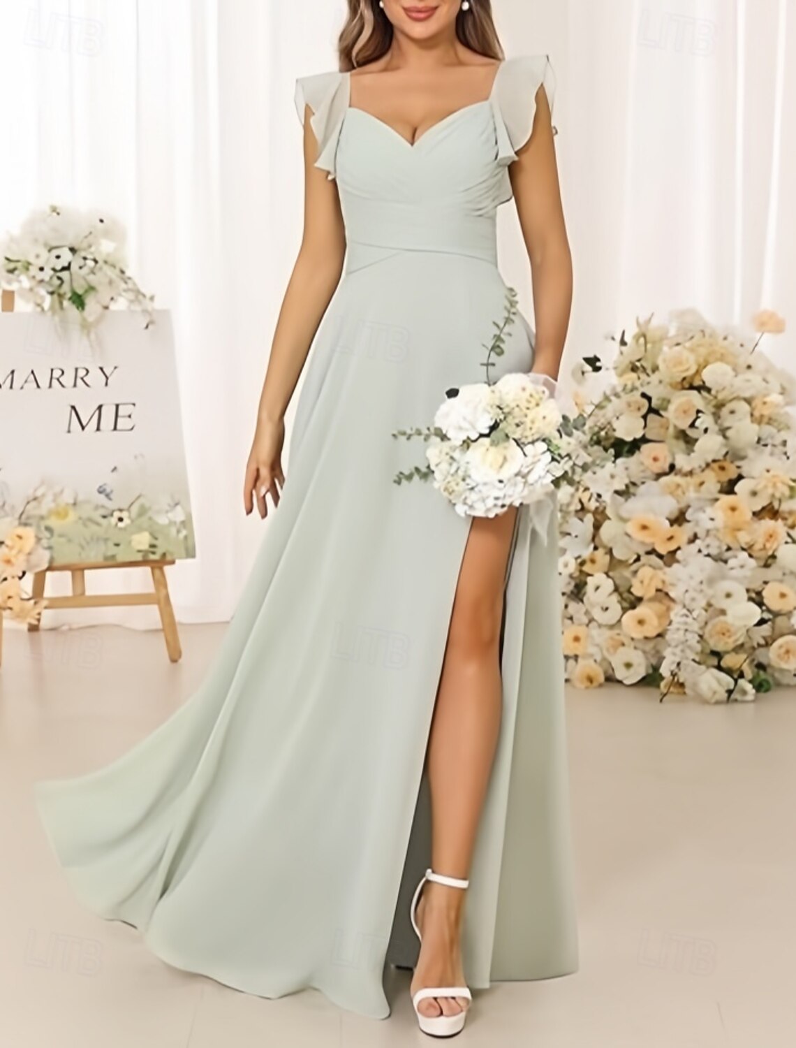 A-Line Bridesmaid Dress Sweetheart Short Sleeve Elegant Floor Length Chiffon with Split Front