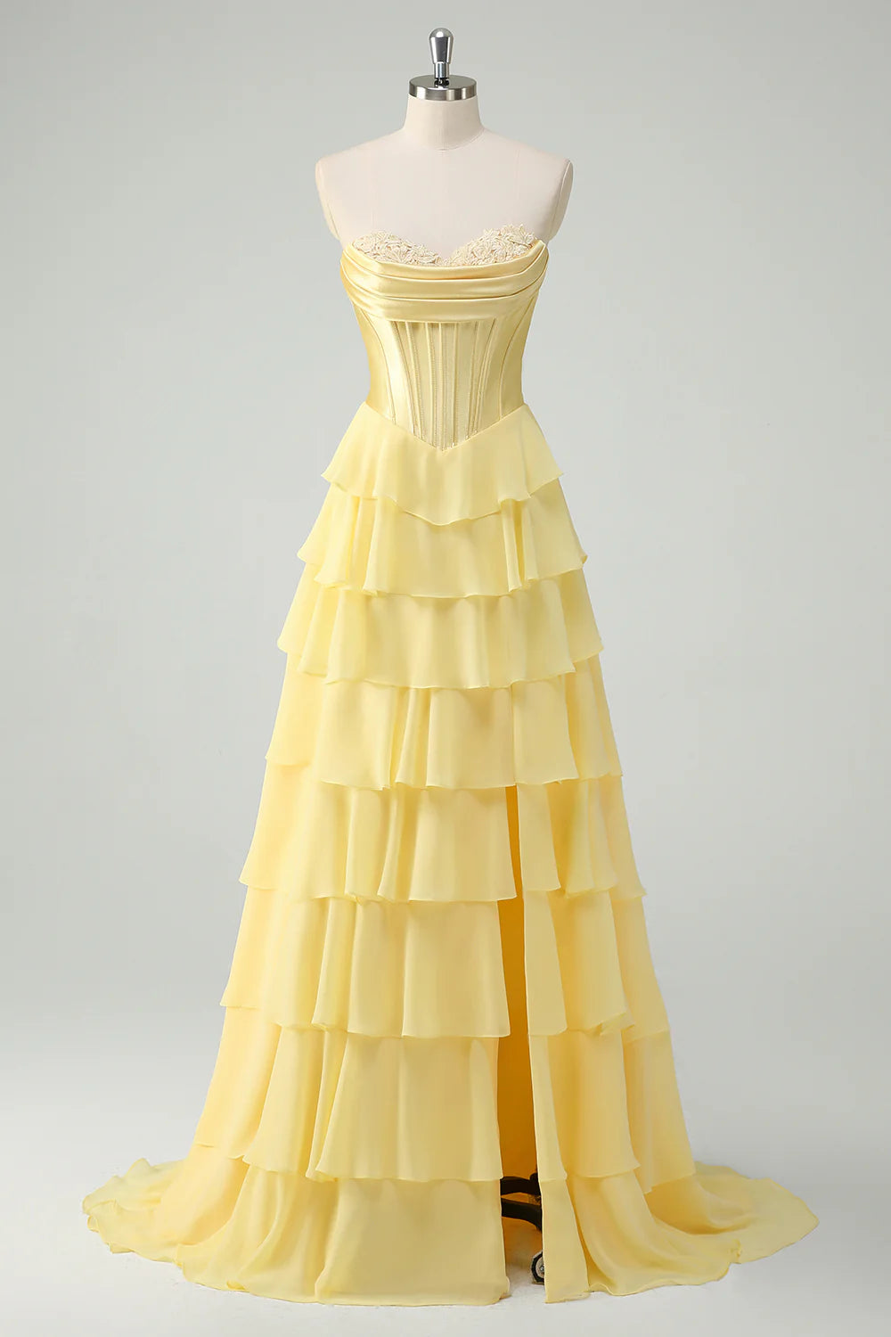 Yellow A-Line Tiered Sweetheart Off Shoulder Long Prom Dress With Slit