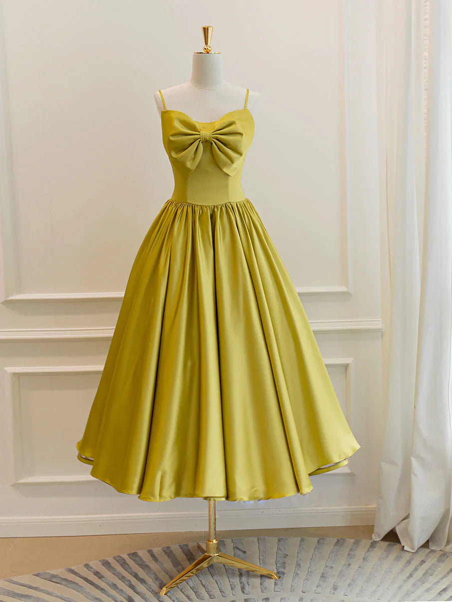 Simple Spaghetti Strap Bow Yellow Satin Tea Length Homecoming Dress