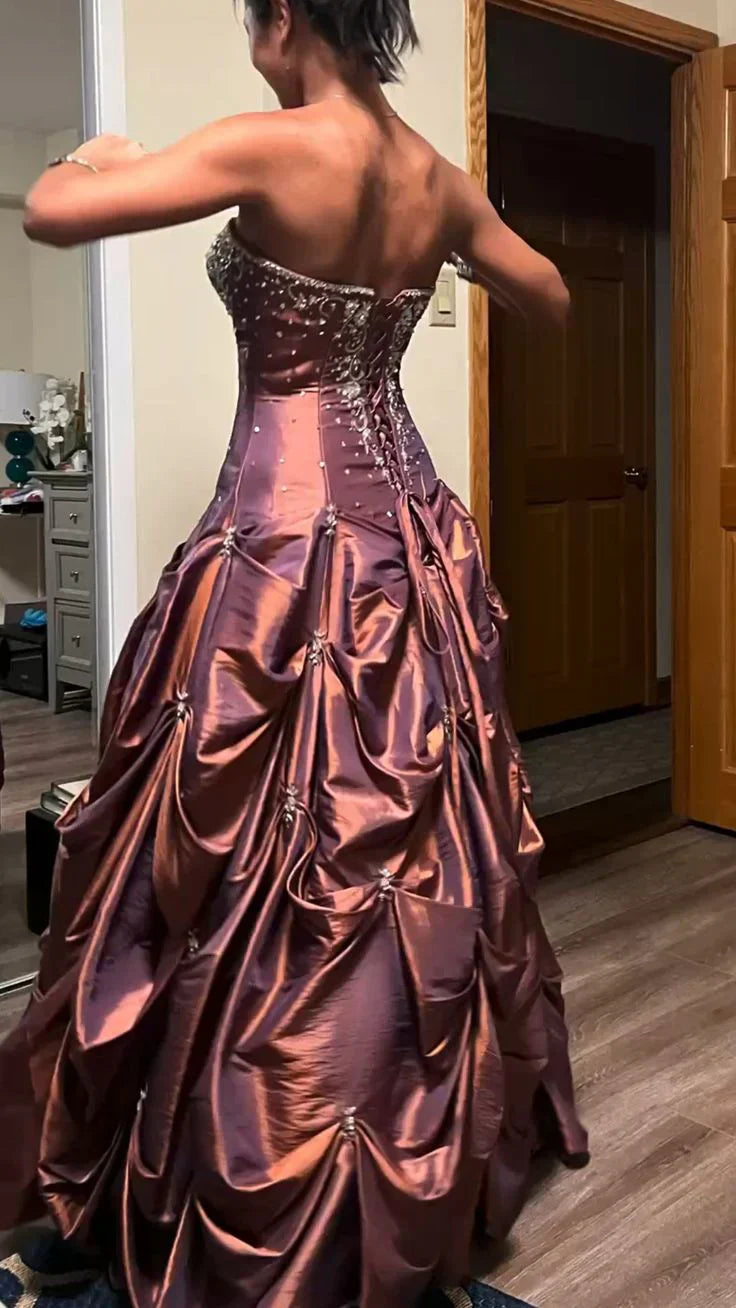 Elegant Red Brown Strapless A-Line Satin Beaded Long Prom Dresses
