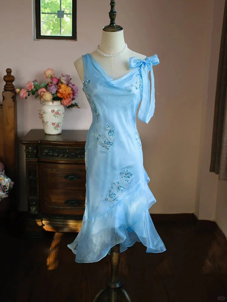 Elegant Blue Asymmetric Neck Beading Short Prom Dress Bodycon Chiffon Evening Gowns