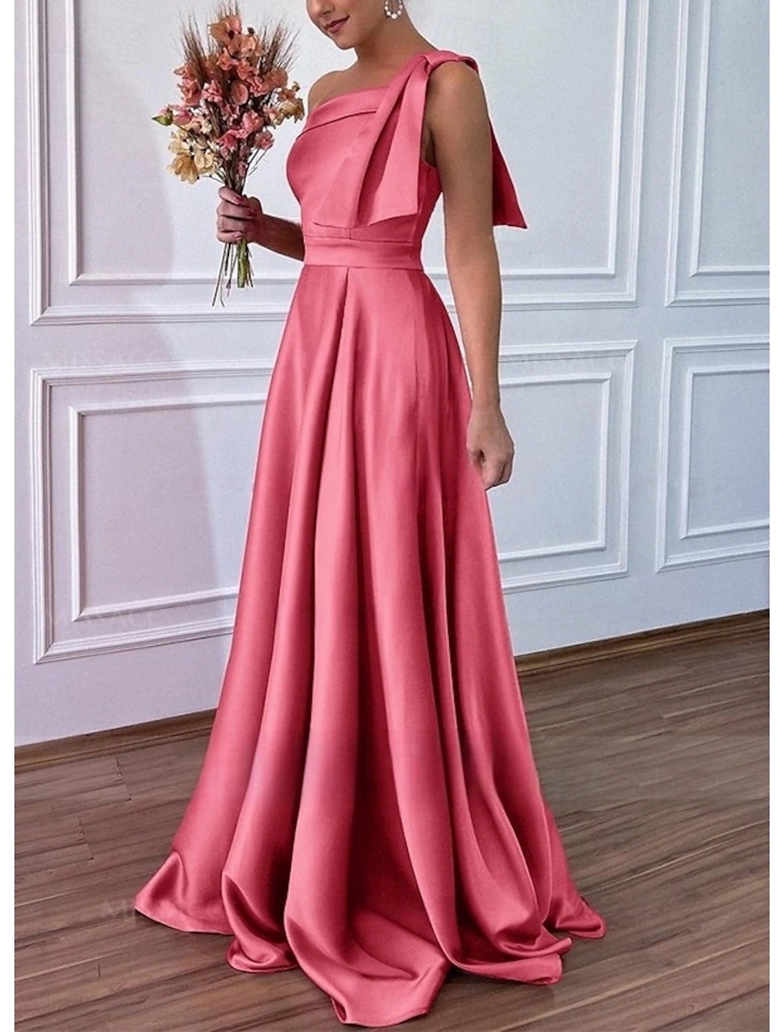 A-Line Bridesmaid Dress V Neck Long Sleeve Elegant Sweep Train Chiffon with Pleats