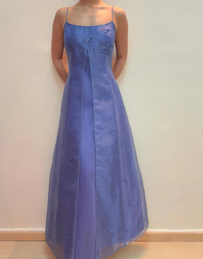 Stunning A Line Beaded Purple Tulle Satin Prom Dress Spaghetti Strap Evening Dress