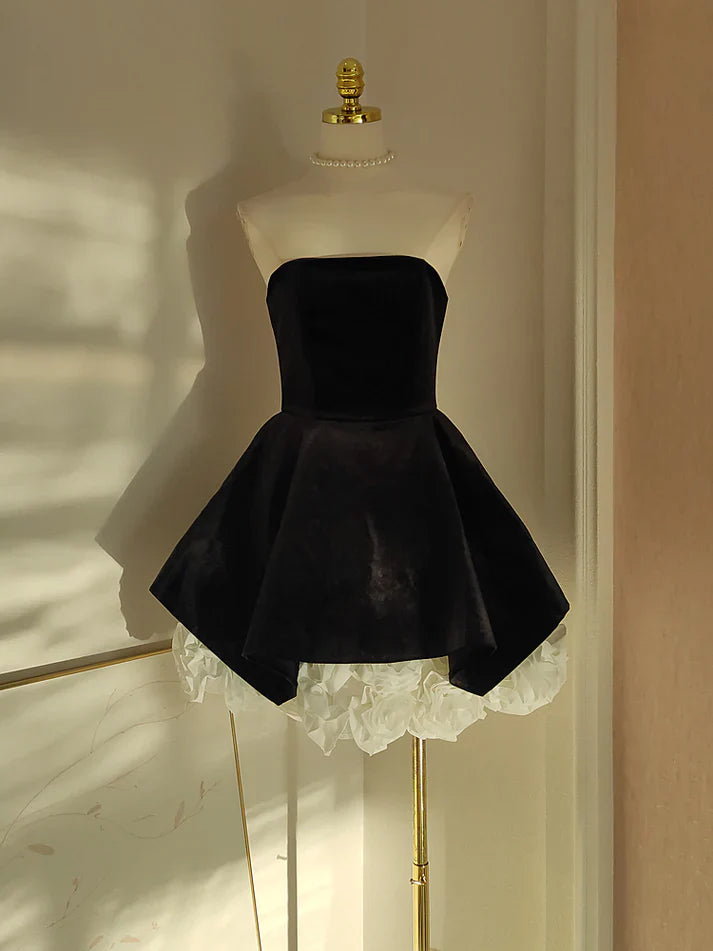 Cute A Line Strapless Velvet Black Holiday Dress Travel Vacation Dresses Short