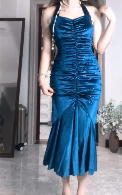 Pleated Mermaid Satin Open Back Prom Dress Elegant Blue Birthday Dress