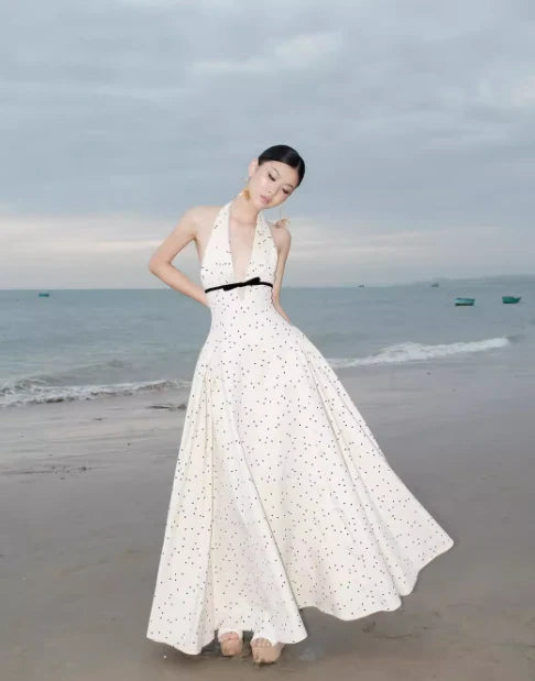 Retro A Line Halter Polka Dot Satin Open Back Prom Dress