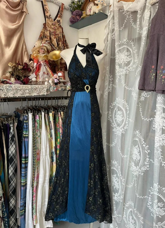 Elegant Blue Satin Black Lace Backless A-Line Party Dress Vintage Formal Appliques V-Neck Evening Gowns