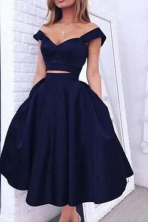 Best Fascinating Short Prom Gowns Two Pieces Off Shoulder Navy Blue Homecoming Dresses