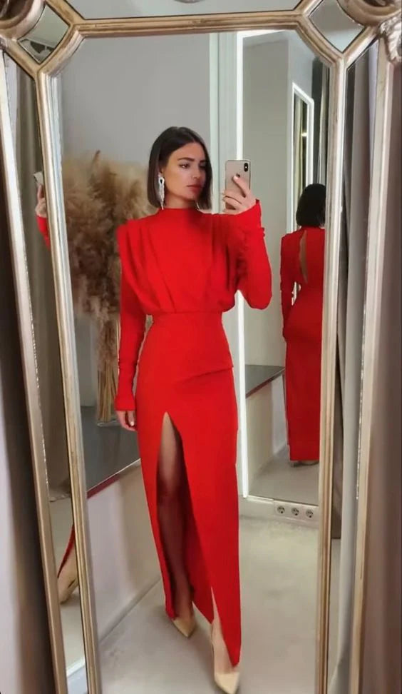 Long Evening Dresses Long Sleeves Split Fork Red Prom Dress